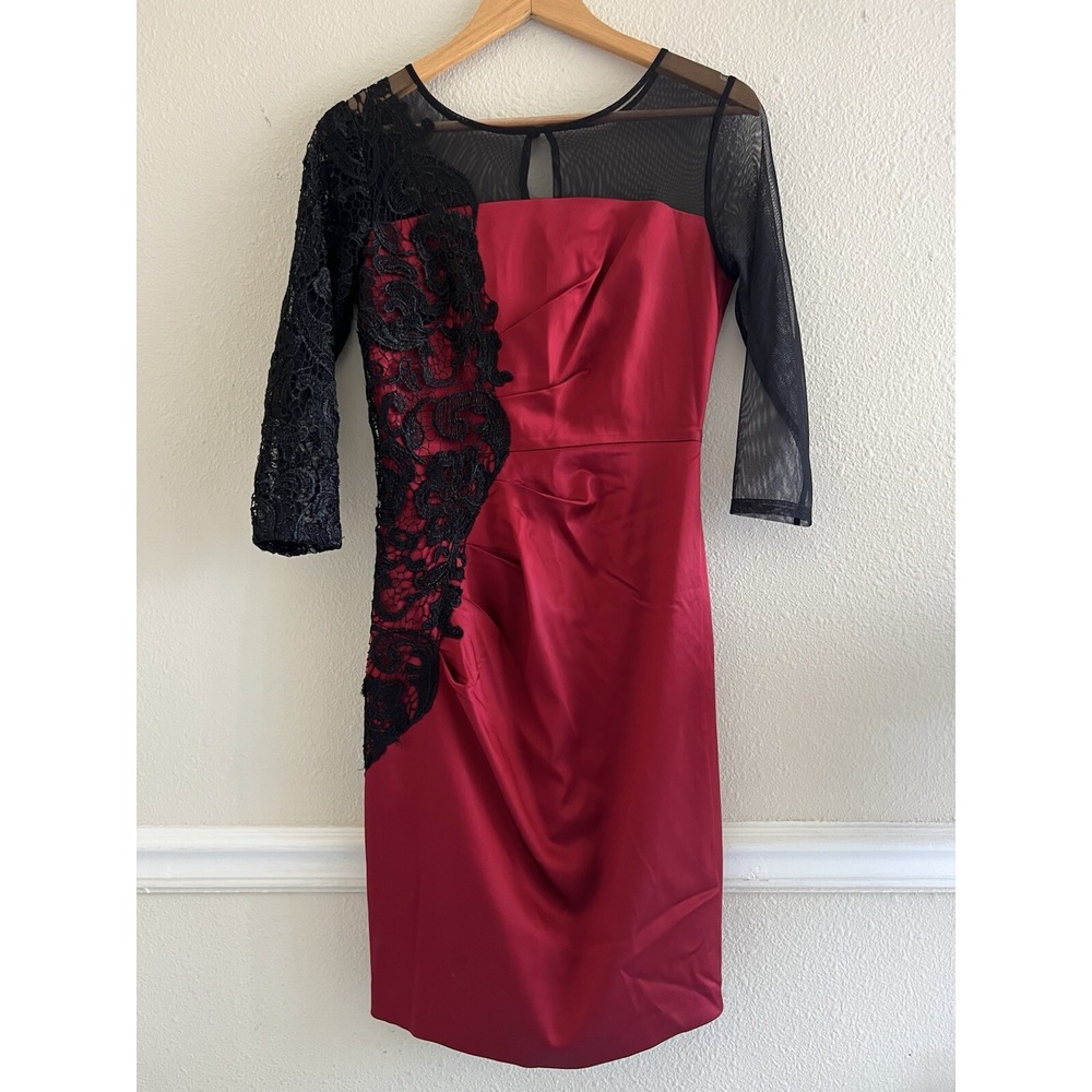 JAX Size 4 Red Black Lace Asymmetric Mesh Sleeve Cocktail Dress Whimsigoth Vampy